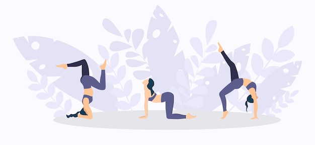 Vettore concetto di yoga all'aperto stile di vita sano donna che fa stretching del corpo set di posizioni yoga o asana