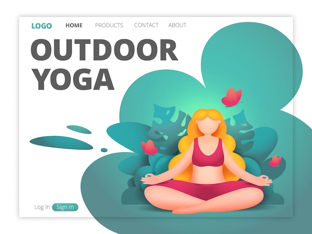 Sito web di yoga all'aperto in stile cartone animato. modello di pagina di destinazione.