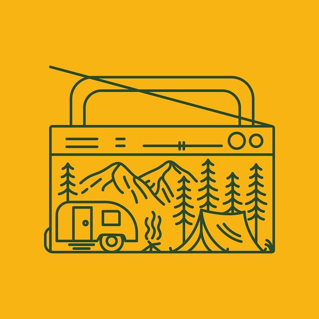 Outdoors camping activities with campfire camper van and mountains background framed classic radio