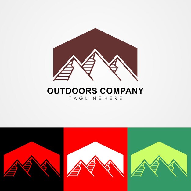 벡터 야외 회사 로고 디자인, 산과 건물 아이콘이 있는 디자인 템플릿