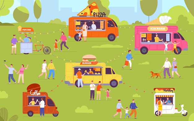 Outdoors food festival Outdoor catering event crowd people eat at street meal truck tent stall summer fair shop family guys drinking in town cafe splendid vector illustration of festival food