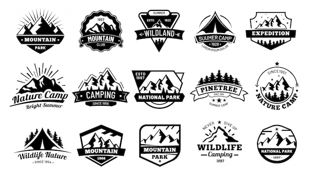 Outdoors nature badges. Adventure emblem, vintage wilderness label and outdooring camping badge  illustration set