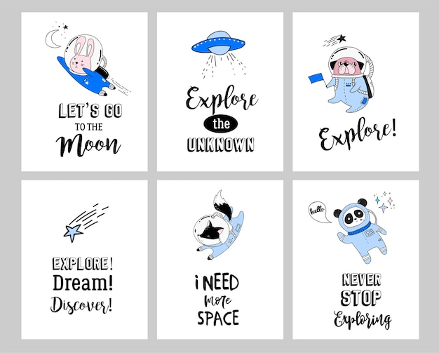 Outer space concept illustratie. schattige dieren astronauten in helmen