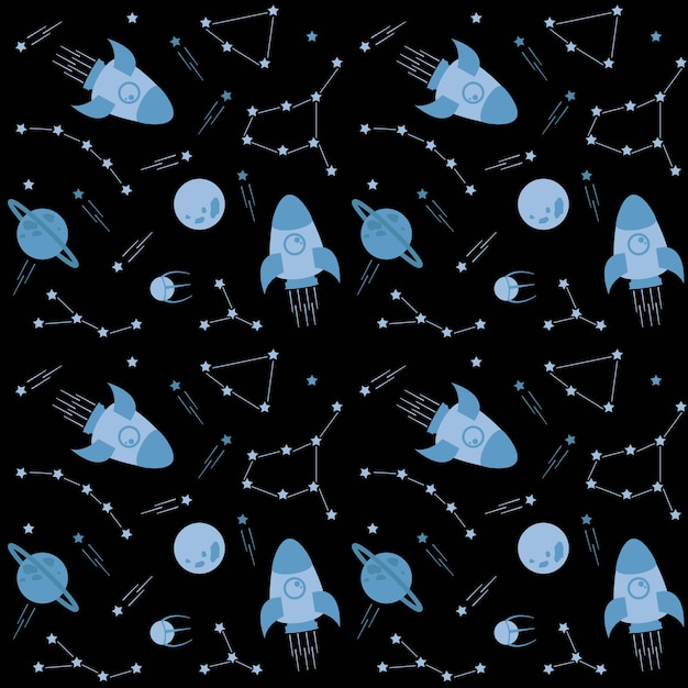 Outer space pattern with stars, rocket, planets and constellations. Vector illustration