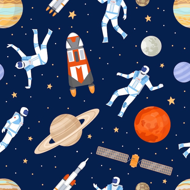 Vector outer space seamless pattern. print with dancing astronaut, spaceships, satellite, stars and planets. cosmic adventure flat vector texture. illustration galaxy and cosmos, wallpaper cosmic