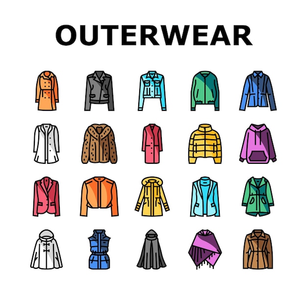 Outerwear female clothes girl icons set vector