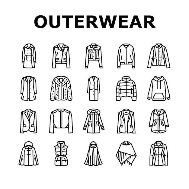 Outerwear vrouwelijke kleding meisje iconen set vector