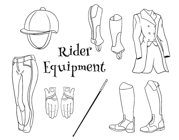 Outfit rider een set kleding voor een jockey boots pedjak broek zweep helm in lijn stijl kleurboeken. Verzameling van illustraties voor ontwerp en decoratie.