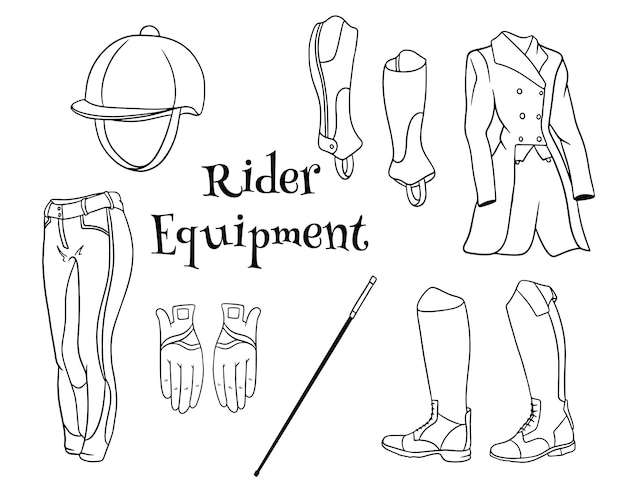 Outfit rider een set kleding voor een jockey boots pedjak broek zweep helm in lijn stijl kleurboeken. verzameling van illustraties voor ontwerp en decoratie.