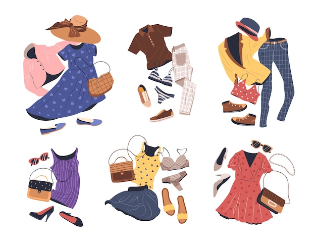 벡터 여성 을 위한 캐주얼 스타일 의 의상 패션 의류 액세서리 봄 과 여름 의 신발