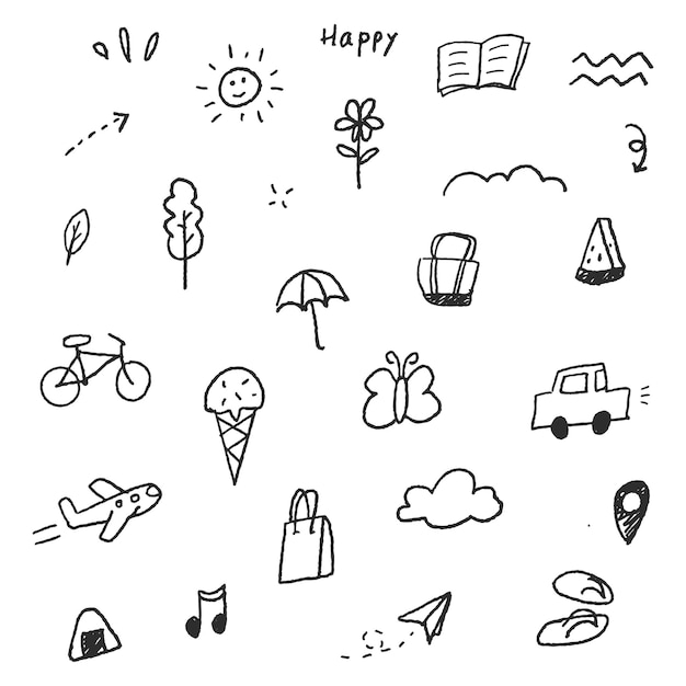 Vector outings simple handdrawn _ a set of decorative illustrations flowers bicycles cars airplane