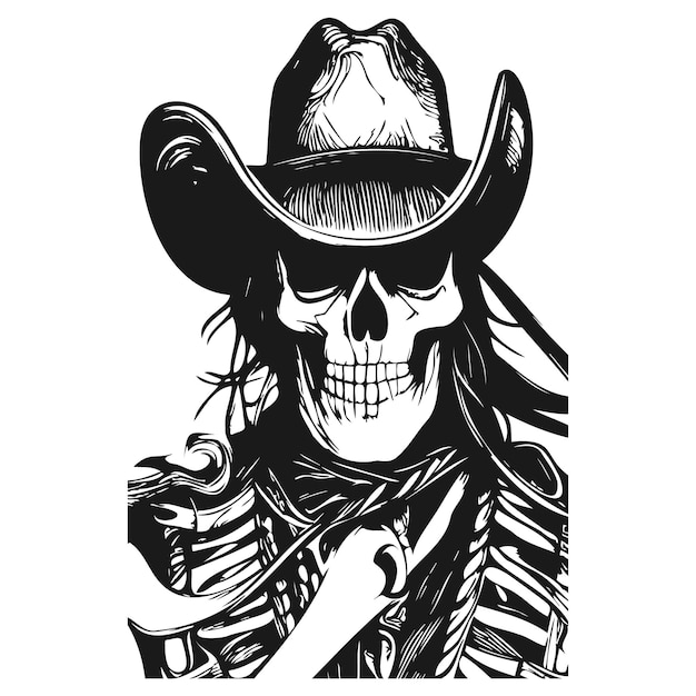 Vector outlaw cowboy skull tattoo hand drawn vector black and white clip art