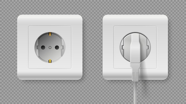 Outlet with power cord Realistic 3D electric plug in white plastic grounded square socket Electrical cable and energy connector Electricity charger Vector interior wall elements set