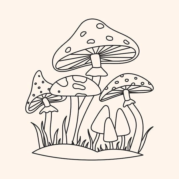 Outline 60s and 70s vibes psychedelic vector clipart Retro groovy mushrooms in line art style