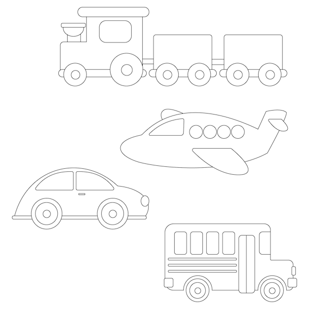 Vector outline adorable transportation clipart set in cartoon style for kids and children includes 4 vehicl