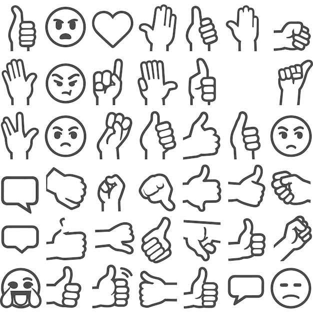 Outline Alle hand emoji stickers in alle huidskleuren Hand emoticons vector illustratie symbolen set