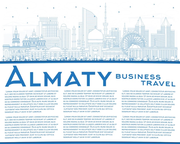 Delineare lo skyline della città di almaty kazakistan con edifici blu e spazio di copia illustrazione vettoriale paesaggio urbano di almaty con punti di riferimento