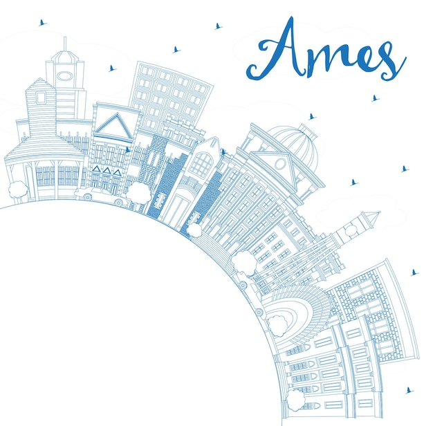 Outline Ames Iowa Skyline with Blue Buildings and Copy Space. Vector Illustration. Business Travel and Tourism Illustration with Historic Architecture.