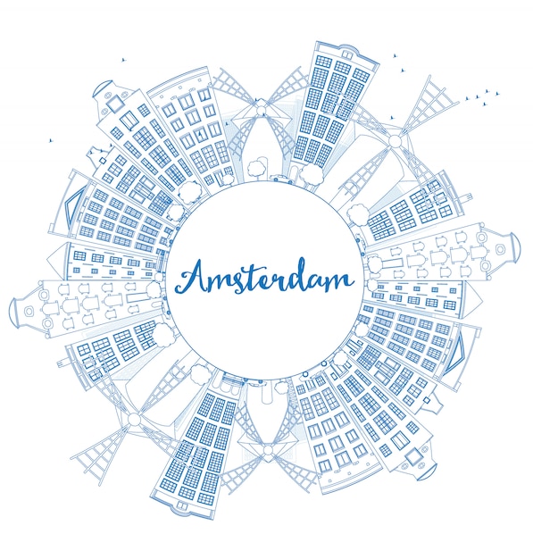 Descriva l'orizzonte della città di amsterdam con le costruzioni blu e copi lo spazio.