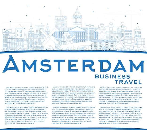 Outline amsterdam holland city skyline with blue buildings and copy space. vector illustration. business travel and tourism concept with historic architecture. amsterdam cityscape with landmarks.