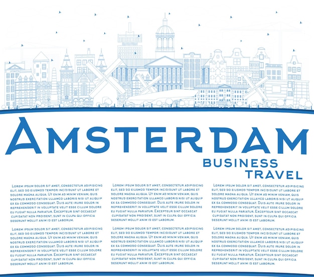 Outline Amsterdam Holland City Skyline with Blue Buildings and Copy Space. Vector Illustration. Business Travel and Tourism Concept with Historic Architecture. Amsterdam Cityscape with Landmarks.