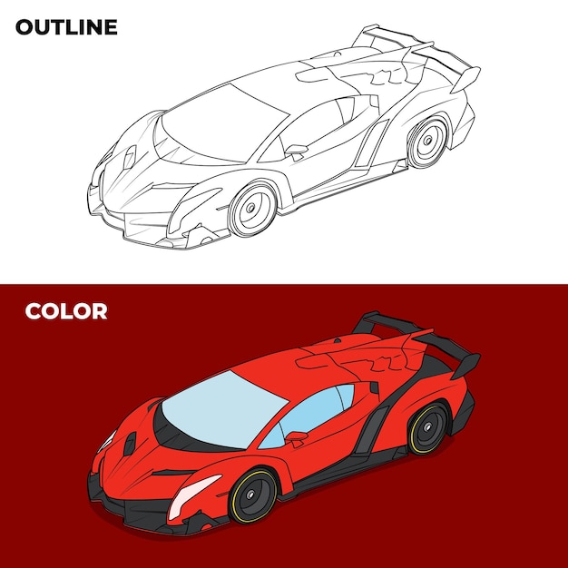 Контур и цветной гоночный красный автомобиль