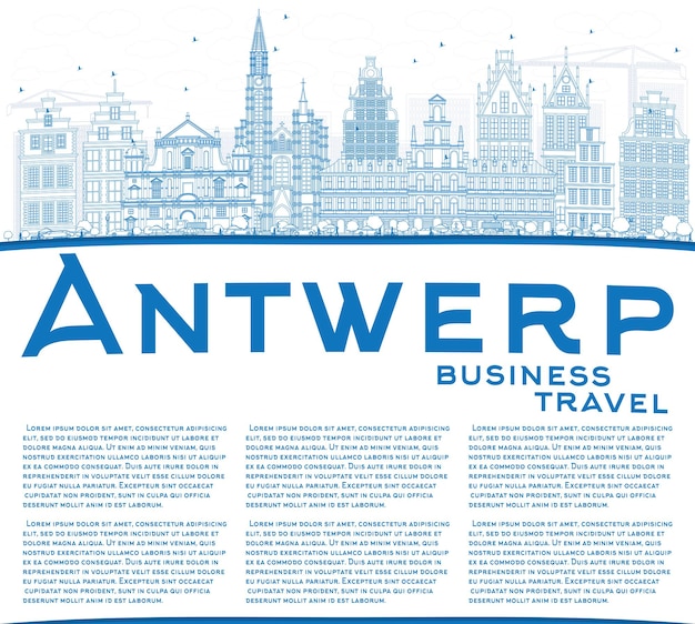 Vector outline antwerp skyline with blue buildings and copy space. vector illustration. business travel and tourism concept with historic architecture. image for presentation banner placard and web site.
