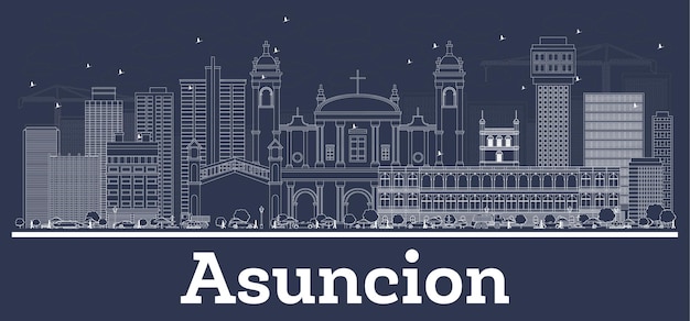 Outline Asuncion Paraguay City Skyline with White Buildings. Vector Illustration. Business Travel and Concept with Historic Architecture. Asuncion Cityscape with Landmarks.