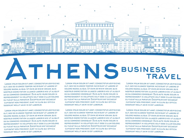 파란색 건물 및 복사 공간 벡터 일러스트와 함께 아테네 그리스 도시 스카이 라인 개요 역사적 및 현대 건축 비즈니스 여행 및 관광 개념 랜드마크와 아테네 도시
