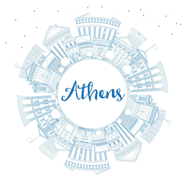 Contorno atene grecia city skyline con edifici blu e spazio di copia