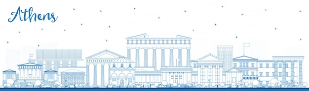 Contorno atene grecia skyline della città con edifici blu illustrazione vettoriale viaggi d'affari e concetto di turismo con architettura storica e moderna paesaggio urbano di atene con punti di riferimento