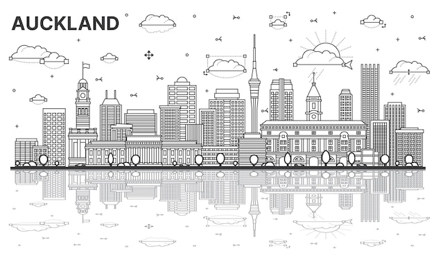 Outline Auckland New Zealand city skyline with modern buildings and reflections isolated on white Vector illustration Auckland cityscape with landmarks
