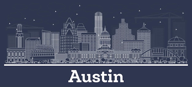 Vector outline austin texas city skyline with white buildings. vector illustration. business travel and concept with historic architecture. austin cityscape with landmarks.