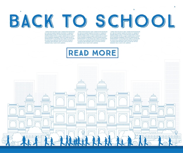 Outline back to school. banner with school bus, building and students. vector illustration.