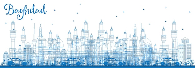 Vettore profilo dello skyline di baghdad con edifici blu. illustrazione di vettore. viaggi d'affari e concetto di turismo con edifici storici. immagine per presentazione banner cartellone e sito web.