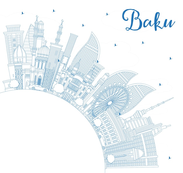 Vector outline baku azerbaijan city skyline with blue buildings and copy space baku cityscape with landmarks business travel and tourism concept with historic architecture