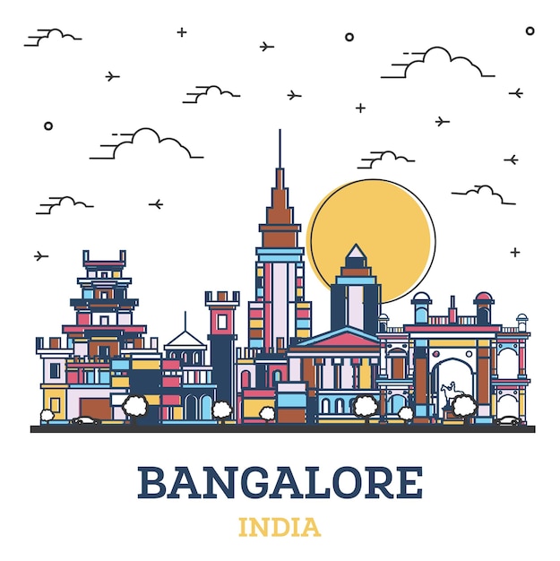 Outline Bangalore India City Skyline with Colored Historic Buildings Isolated on White