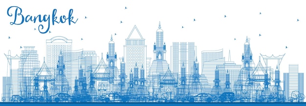 Profilo dello skyline di bangkok con punti di riferimento blu. illustrazione di vettore. concetto di viaggio e turismo d'affari con la città di bangkok. immagine per presentazione banner cartellone e sito web.