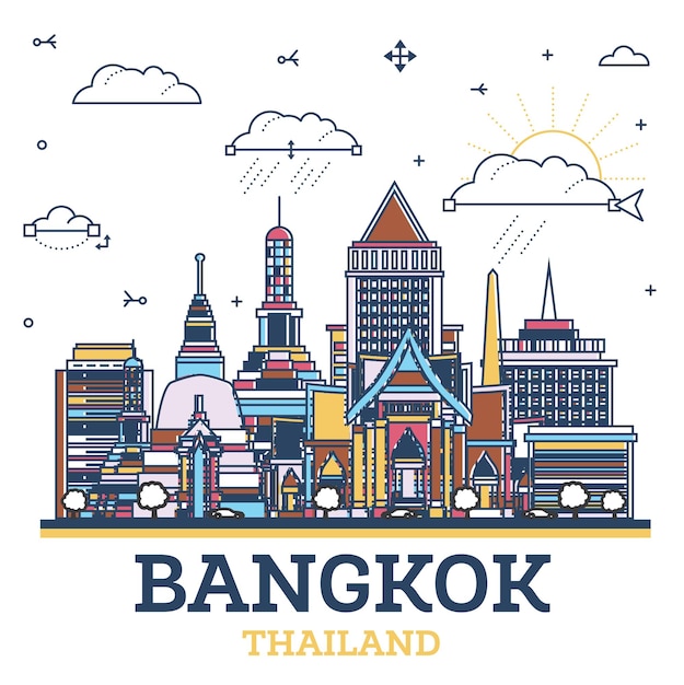 Vettore delineare lo skyline della città di bangkok thailandia con edifici storici colorati isolati su bianco paesaggio urbano di bangkok con punti di riferimento