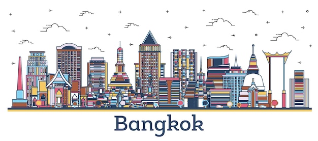 Delineare lo skyline della città di bangkok thailandia con edifici storici e moderni colorati isolati su bianco