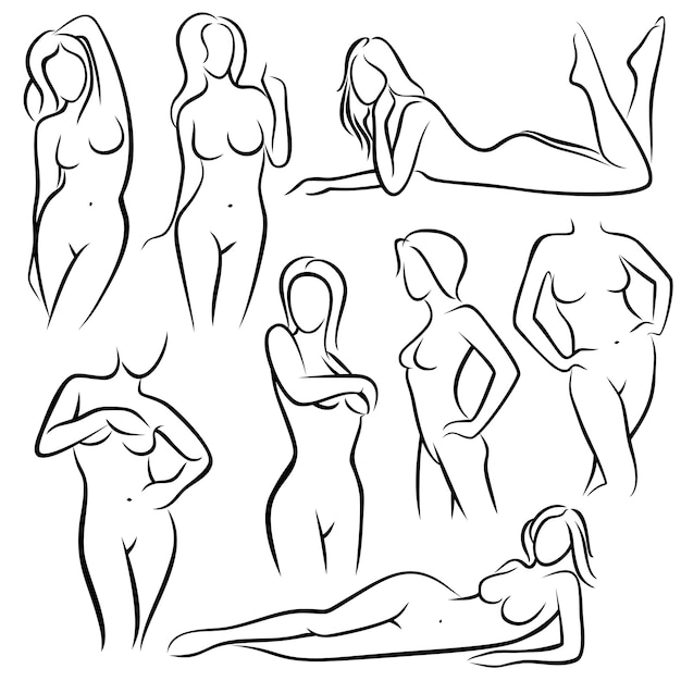 Vector outline beautiful woman silhouettes.