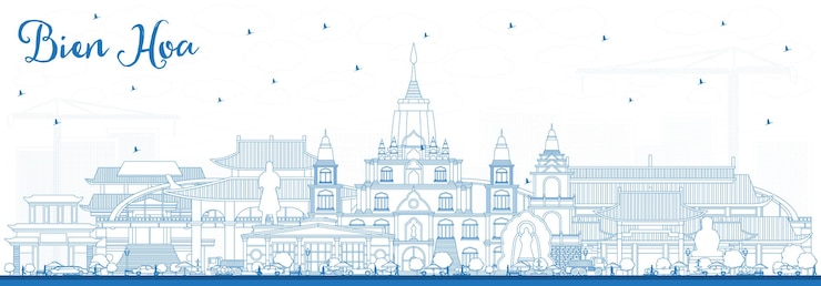 Vector outline bien hoa vietnam city skyline with blue buildings. vector illustration. business travel and tourism concept with historic architecture. bien hoa cityscape with landmarks.