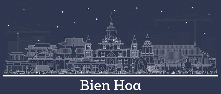 Vector outline bien hoa vietnam city skyline with white buildings vector illustration business travel and tourism concept with historic architecture bien hoa cityscape with landmarks
