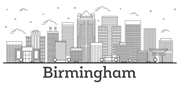 Outline birmingham alabama city skyline con edifici moderni isolati su bianco