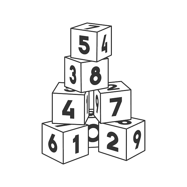 Outline block building tower with numbers for coloring book