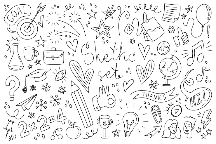 Vector outline blog elements doodle simple draw sketch set school