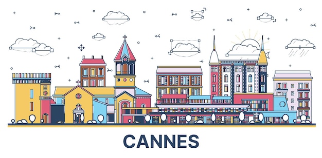 Vector outline cannes france city skyline with colored modern and historic buildings isolated on white