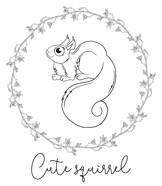 Outline cartoon illustration of a squirrel. Black and white drawing. Squirrel.