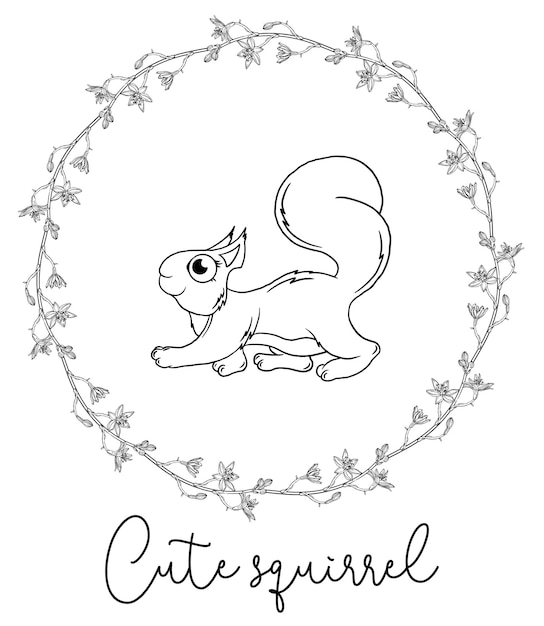 Outline cartoon illustration of a squirrel. black and white drawing. squirrel.