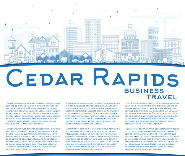 파란색 건물 및 복사 공간이 있는 Cedar Rapids Iowa City 스카이라인 개요. 벡터 일러스트 레이 션. 역사적인 건축과 비즈니스 여행 및 관광 그림입니다.